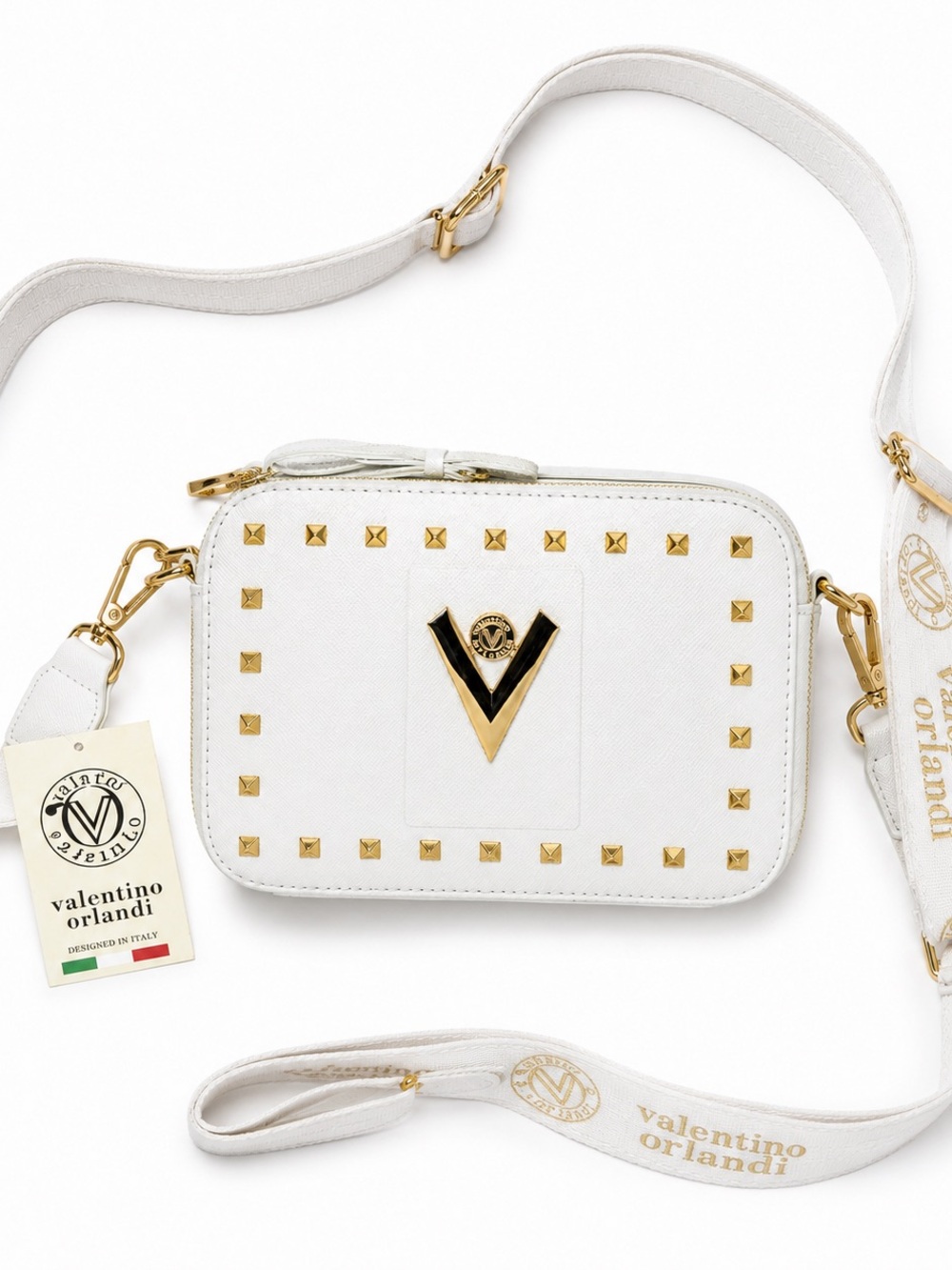 Valentino Orlandi White Gold Studded Camera Crossbody Bag NWT - Picture 9 of 10